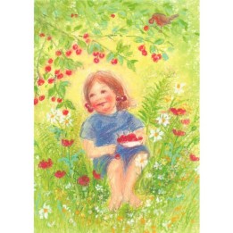 Postal Niña comiendo cerezas