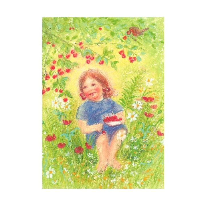 Postal Niña comiendo cerezas
