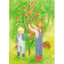 Postal Niños recogiendo manzanas