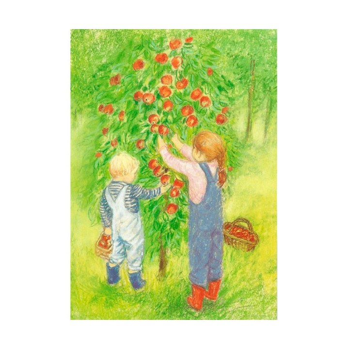 Postal Niños recogiendo manzanas