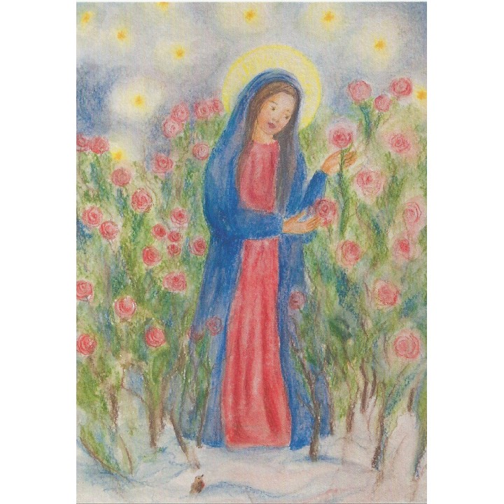 Postal - María en el jardín de rosas