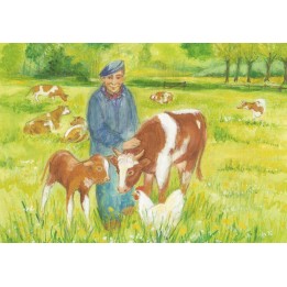 Postal - vacas con granjero