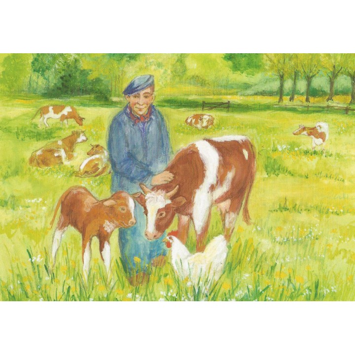 Postal - vacas con granjero