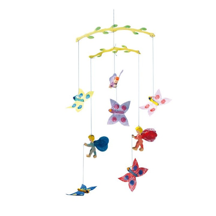Móvil de madera  elfos y mariposas