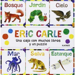 Una caja con muchos libros y un puzzle