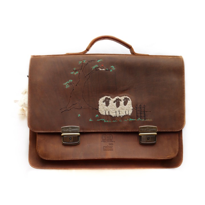 Cartera escolar de cuero marrón ovejas
