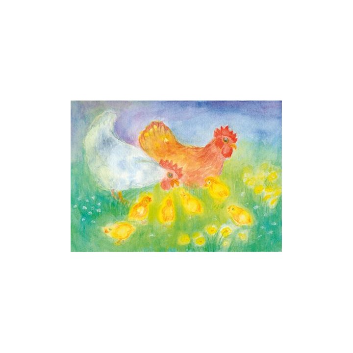 Postal - Gallina y gallos con pollitos