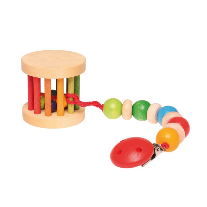 Sonajero de madera - Mini tambor con bolitas arcoiris